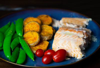 Roasted Salmon, sweet potatoes & sauteed snap peas