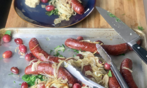 Sausage & onions with roasted kale and celery root mash Sausage & onions with roasted kale and celery root mash
